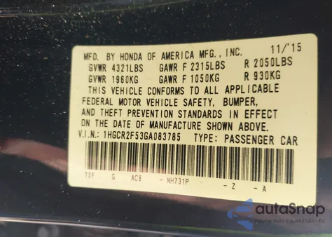 2016 Honda Accord Sport z USA, uszkodzony, nr VIN 1HGCR2F53GA083785